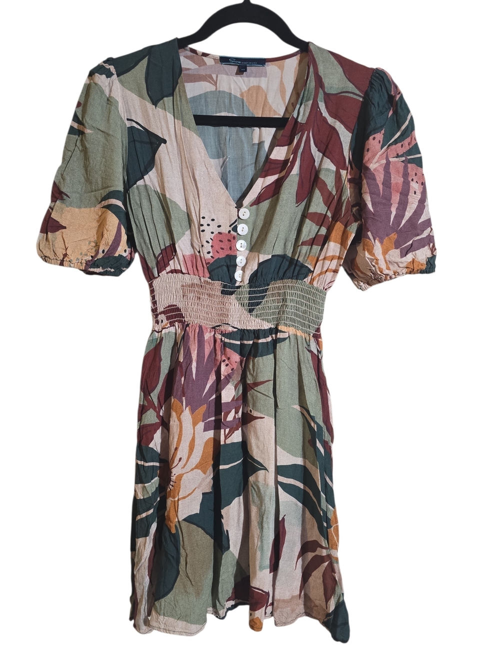 SHORE-Floral Puff-Sleeve V-Neck Dress - Green Multi